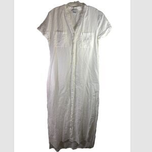 Pure Navy Dress Womens Medium white Linen Button capsule minimalist casual Midi